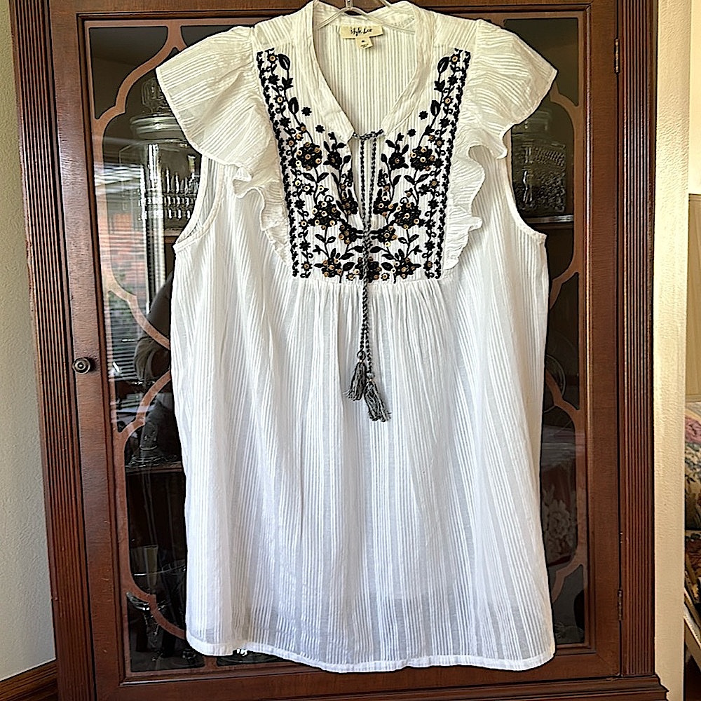 Style & Co. White Sleeveless Peasant Top with Black Embroidery